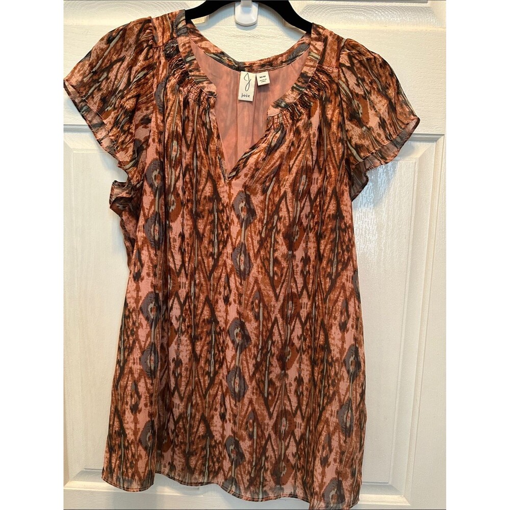 Joie Brown & Gray Printed Flutter Sleeve Blouse Gold Threads Size Medium Boho
